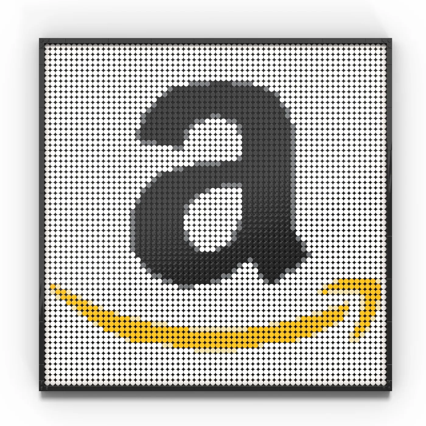 The Amazon company logo rebuilt in black and gold LEGO studs on a white field, framed in black.