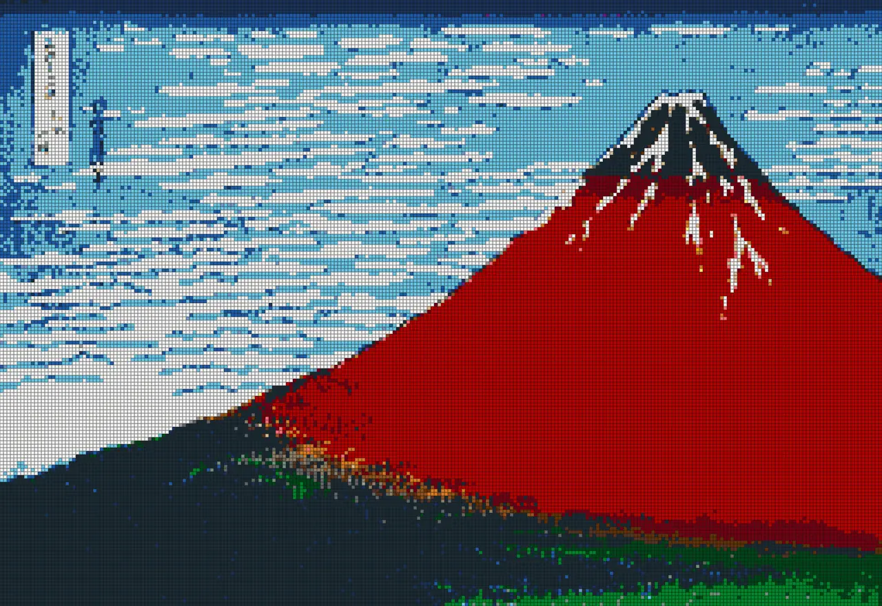 A LEGO brick mosaic of a red Mount Fuji against a blue sky, in the style of Hokusai.