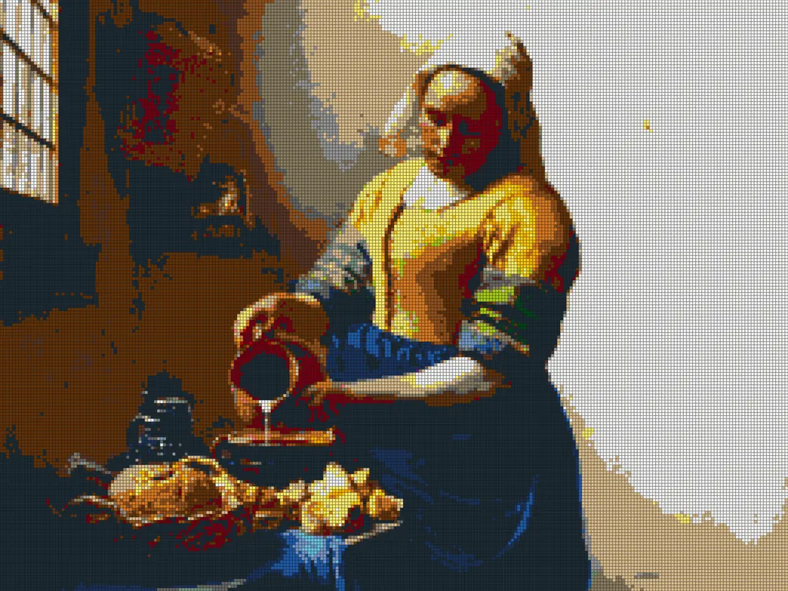 A LEGO brick mosaic of a woman pouring milk in a kitchen, in the style of Vermeer's The Milkmaid.
